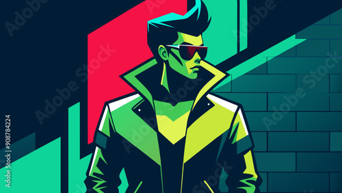 Stylish Retro-Futuristic Man with Sunglasses in Neon Lights