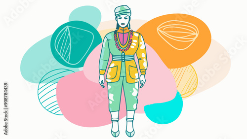 Colorful Illustration of Modern Woman with Trendy Outfit and Abstract Background