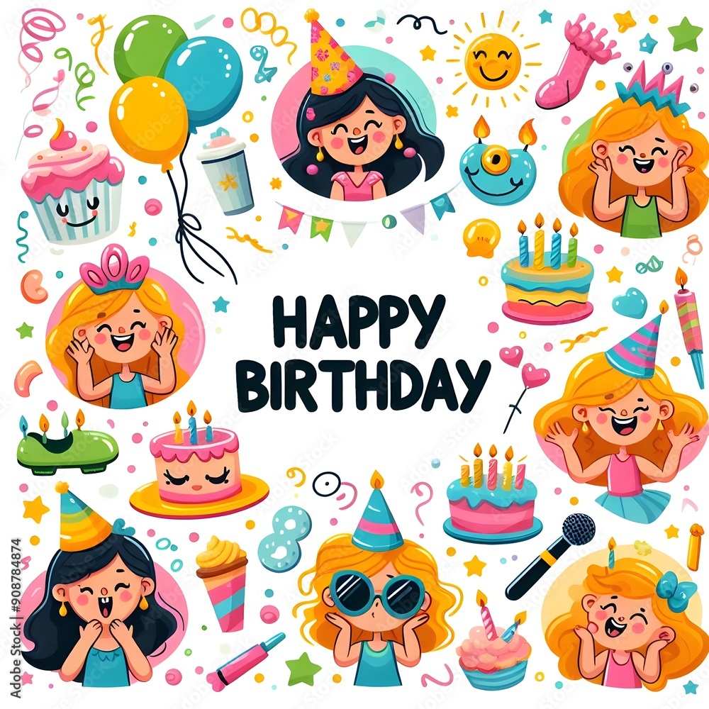 Fototapeta premium Happy Birthday Card with Cute Cartoon Characters and Festive Decorations