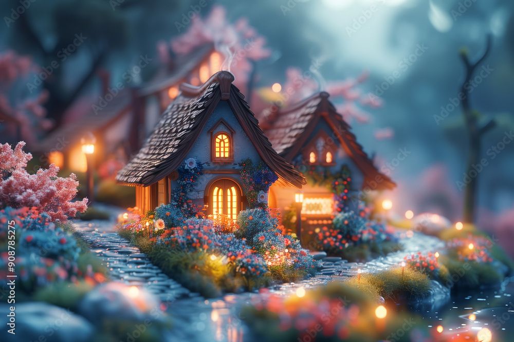 Fototapeta premium Enchanting Fairy Tale Village at Dusk. Fantasy scenery backdrop