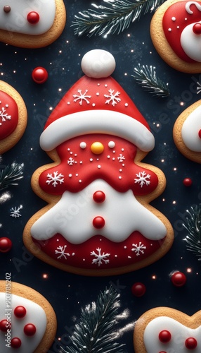 Festive Christmas cookie featuring a cheerful Santa design, adorned with snowflakes and colorful decorations.