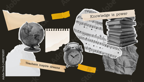 Cell paper scraps paper vintage, alarm clock, books and globe. Education retro halftone collage.
