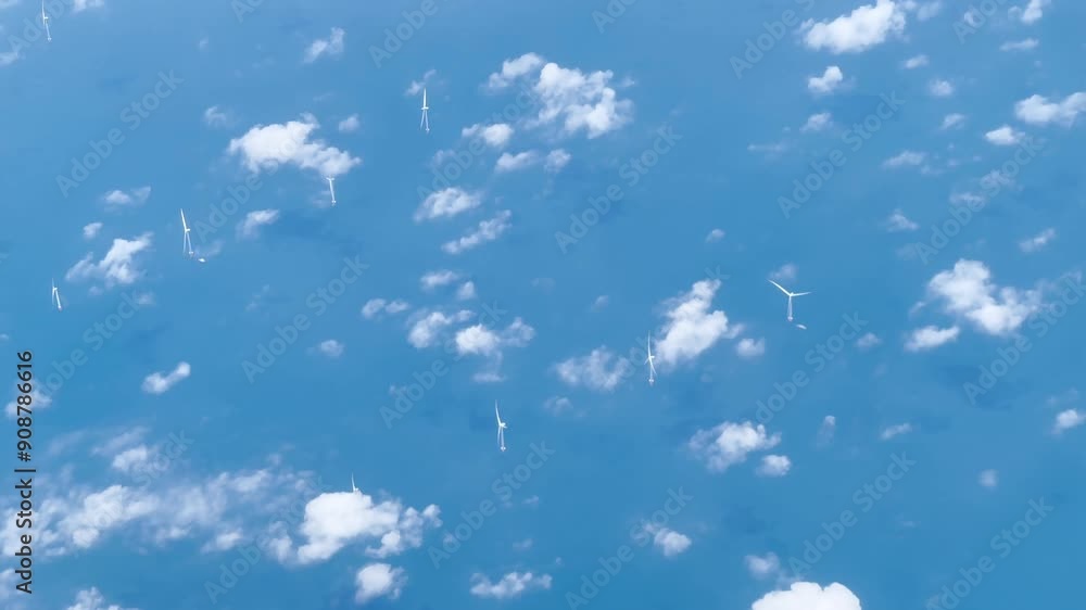 Aerial view from airplane window above Wind farm power generating in South China Sea. Aerial view from airplane window above Wind farm power generating in South China Sea.