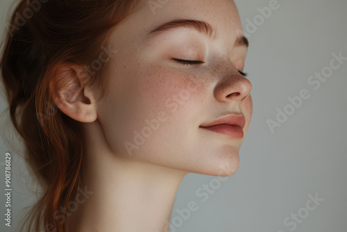 A close up of a girl's face with her eyes closed