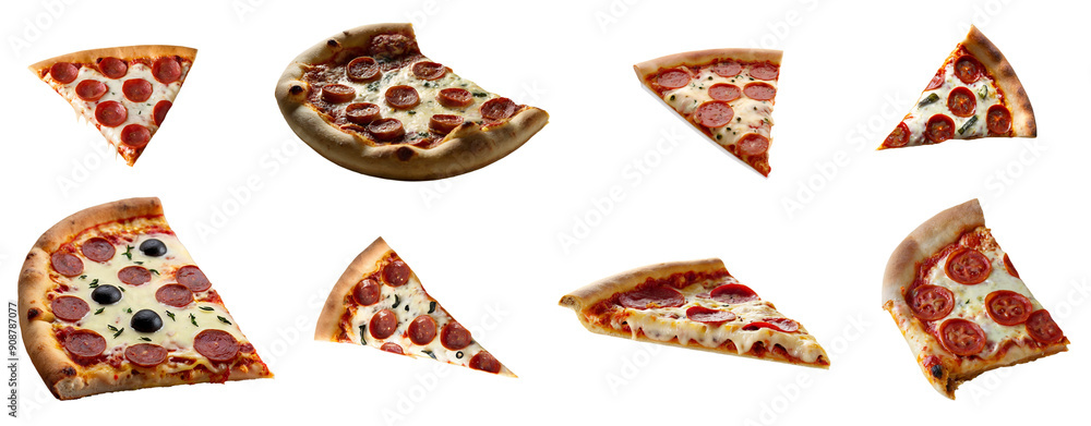 Set of eight slice of Italian pizza close up, cut out, isolated
on transparent background Set of eight slice of Italian pizza close up, cut out, isolated
on transparent background