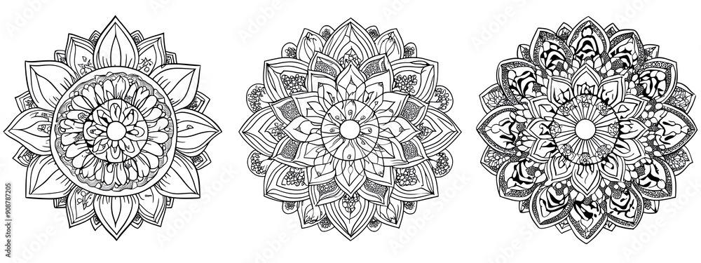 Black and white coloring page with three simple mandalas. Each mandala should have clear, uncomplicated patterns suitable for printing and coloring Black and white coloring page with three simple mandalas. Each mandala should have clear, uncomplicated patterns suitable for printing and coloring