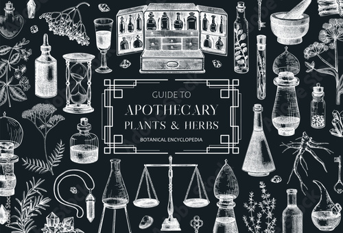 Antique apothecary frame. Hand-drawn vector illustrations. Alchemy sketches. on chalkboard Witchcraft background. Vintage card invitation design. NOT AI generated