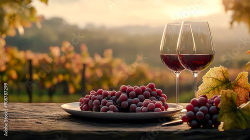 Wallpaper Mural An idyllic scene from an Italian vineyard Two wine glasses and a plate of fresh grapes in the foreground with a picturesque vineyard stretching out in the background. Perfect for showcasing the romanc Torontodigital.ca