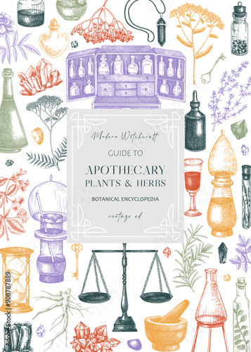 Antique apothecary frame. Hand-drawn vector illustrations. Alchemy sketches. Witchcraft background. Vintage card invitation design. NOT AI generated