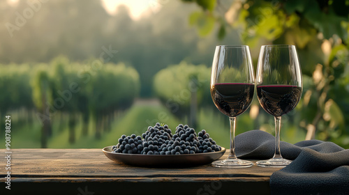 An idyllic scene from an Italian vineyard Two wine glasses and a plate of fresh grapes in the foreground with a picturesque vineyard stretching out in the background. Perfect for showcasing the romanc photo