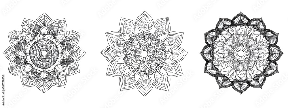Black and white coloring page with three simple mandalas. Each mandala should have clear, uncomplicated patterns suitable for printing and coloring Black and white coloring page with three simple mandalas. Each mandala should have clear, uncomplicated patterns suitable for printing and coloring