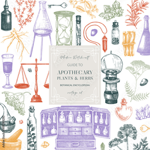 Antique apothecary frame. Hand-drawn vector illustrations. Alchemy sketches. Witchcraft background. Vintage card invitation design. NOT AI generated