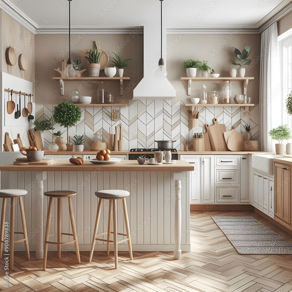 Fototapeta premium Modern Kitchen with White Cabinets, Island, and Chevron Tile Backsplash