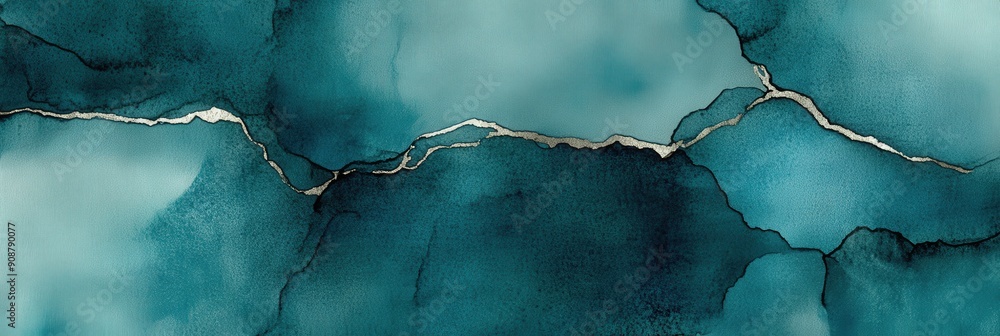 Fototapeta premium Abstract Teal Watercolor with Silver Lines