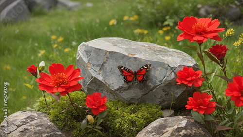 A large gray rock with a red butterfly on top.  photo