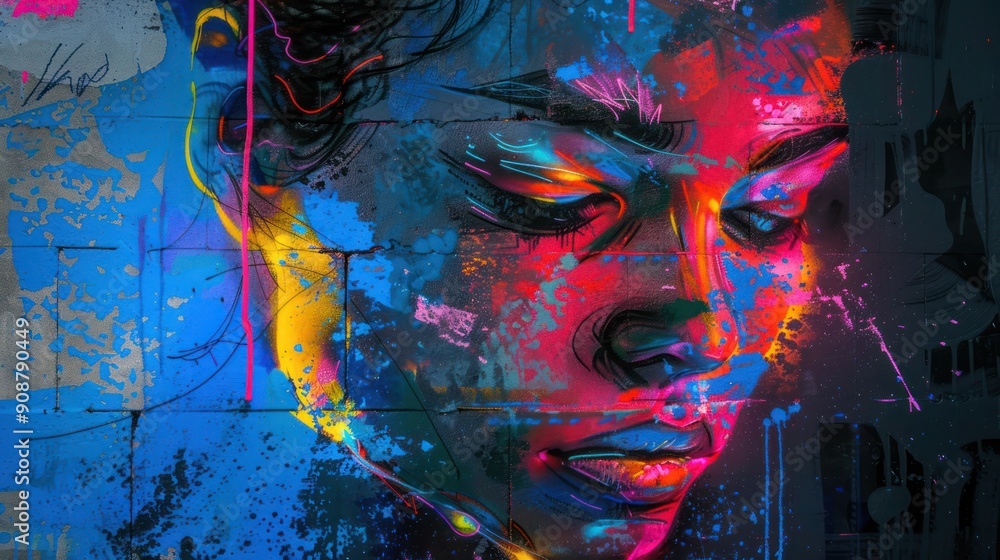 Vibrant urban street art portrait with neon glitch effects, showcasing a bold and modern expression of youth culture. Vibrant urban street art portrait with neon glitch effects, showcasing a bold and modern expression of youth culture.