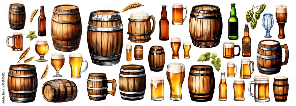 Set of beer bottles, barrels and hops