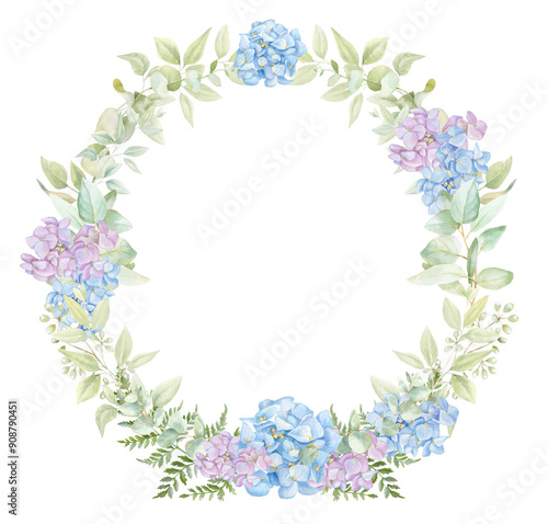 Blue hydrangea wreath, eucalyptus border PNG, watercolor arrangement 