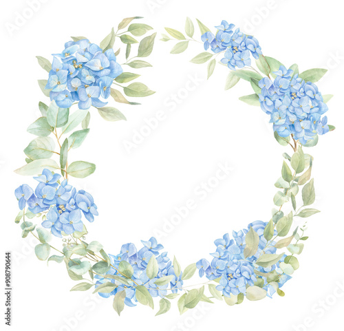 Blue hydrangea wreath, spring floral border PNG, watercolor arrangement 