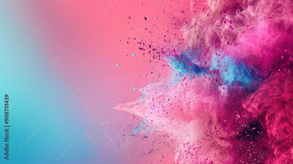Obraz premium Abstract pink and blue powder explosion on a blue and pink gradient background.