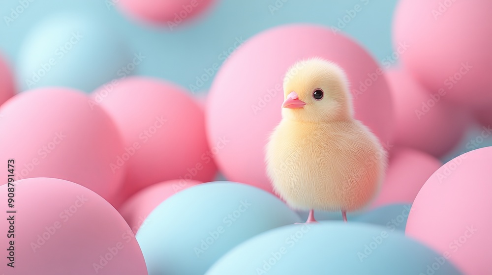 A small yellow bird is standing on a pile of pink and blue balls A small yellow bird is standing on a pile of pink and blue balls