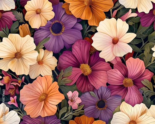 Wallpaper Mural Artistic fabric design featuring diverse cosmos flowers, radiant and intricate, creating a seamless arrangement Torontodigital.ca