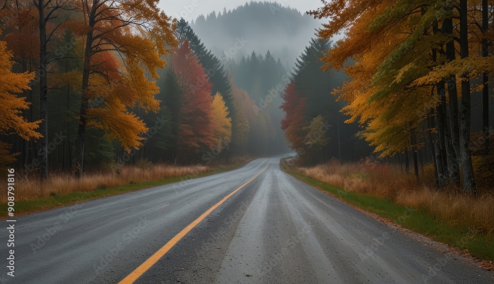 Fototapeta premium Autumn Road Through Misty Forest