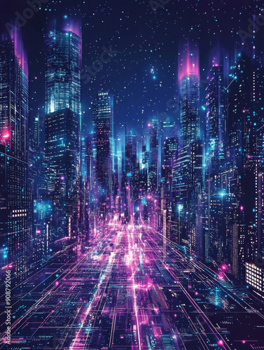 A cityscape with a neon glow and a starry sky