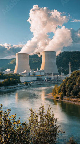 A large power plant is situated next to a river photo