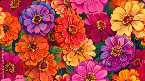 Cheerful fabric design featuring glowing zinnias, detailed colors, and seamless arrangement for a lively look