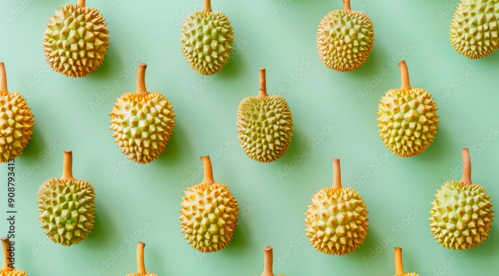 A lot of ripe durians on green background, top view, minimal flat lay style. A lot of ripe durians on green background, top view, minimal flat lay style.