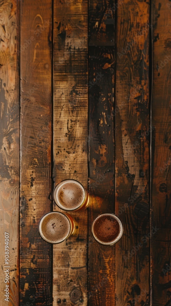 Three glasses of beer on a wooden table. Three glasses of beer on a wooden table.