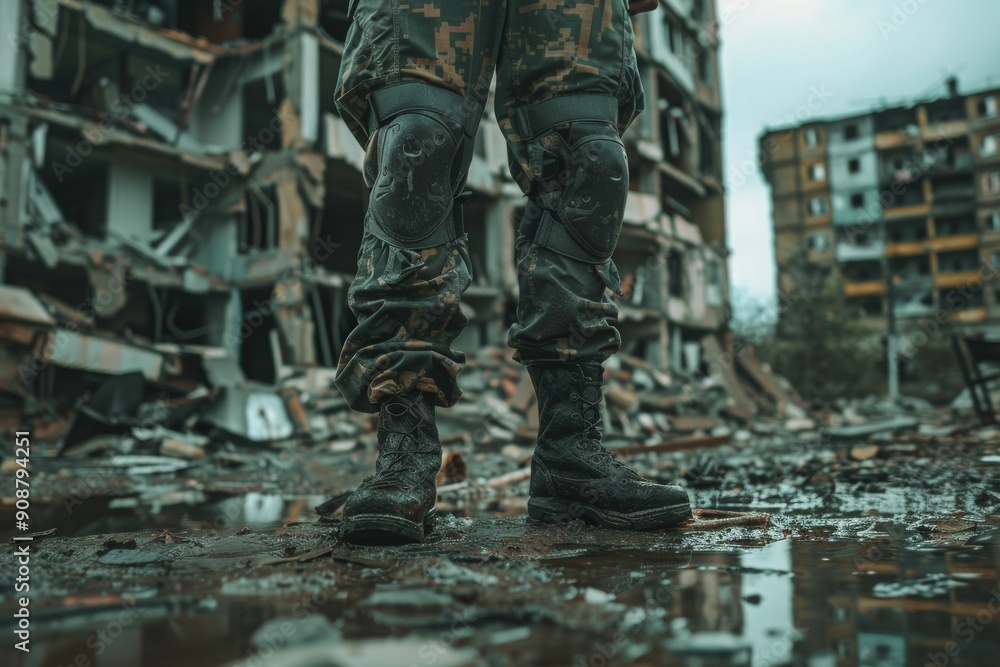 A soldier standing in front of collapsed buildings. A soldier standing in front of collapsed buildings.