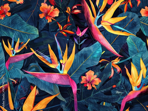 Exotic floral fabric design with multicolored bird-of-paradise flowers, bold and radiant, seamlessly integrated