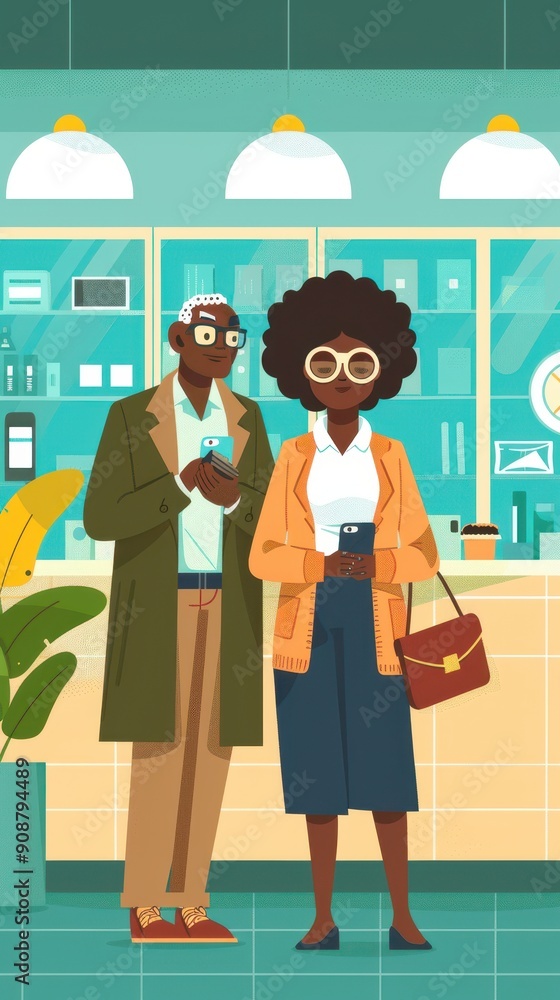 A fashionable couple stands together, each focused on their mobile devices in a modern retail space A fashionable couple stands together, each focused on their mobile devices in a modern retail space
