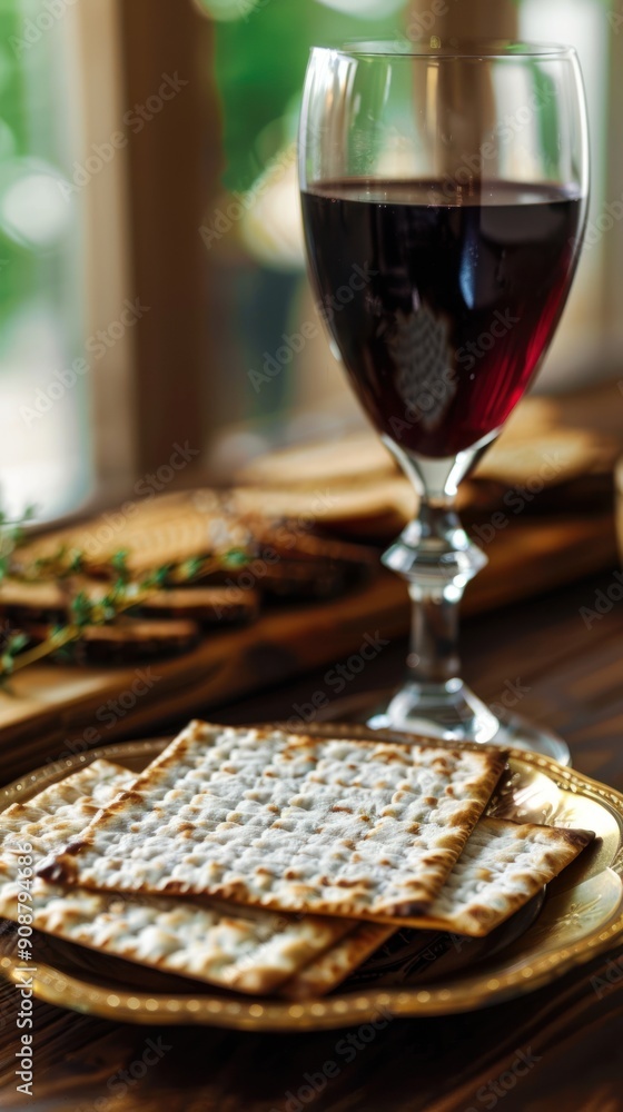 Matzah bread and wine, traditional Passover food. Matzah bread and wine, traditional Passover food.