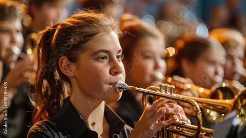 Teenageers playing musical instruments at a concert as a part of the school musical orchestra band photo