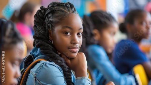 Closeup portrait of a black middle school girl student looking into the camera