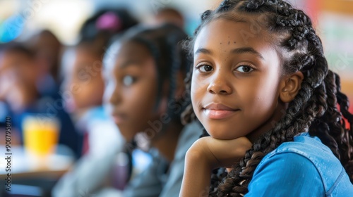 Closeup portrait of a black middle school girl student looking into the camera