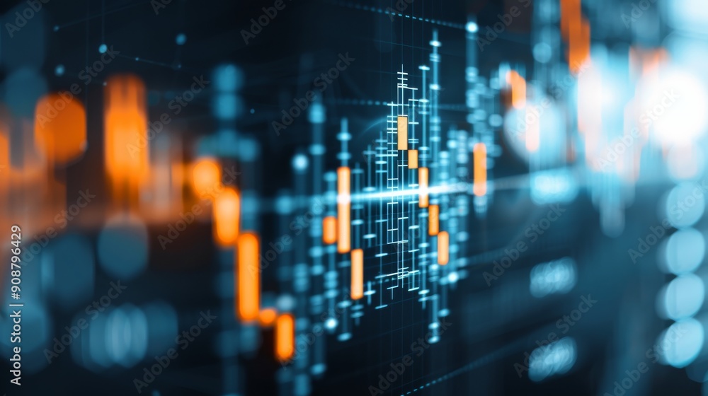 Abstract financial data visualization with glowing lines and bars representing stock market trends and fluctuations. Abstract financial data visualization with glowing lines and bars representing stock market trends and fluctuations.