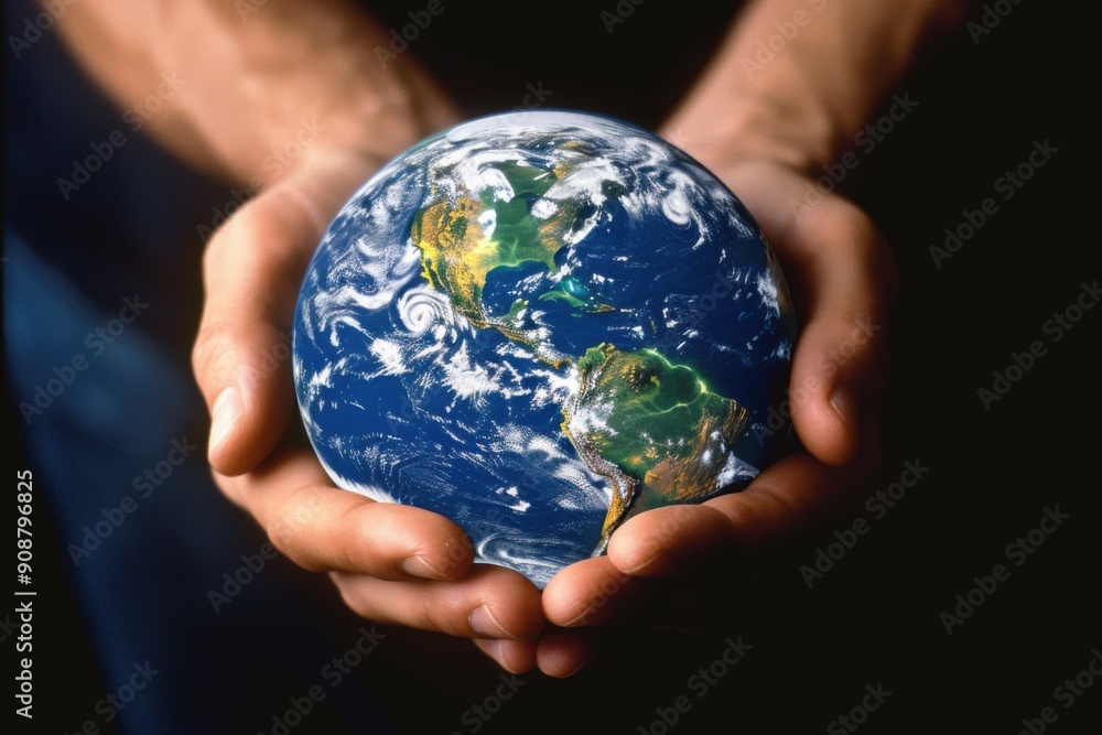 Hands holding Earth surrounded by natural landscape. Protection of nature concept Hands holding Earth surrounded by natural landscape. Protection of nature concept