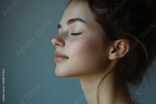 A close up of a girl's face with her eyes closed