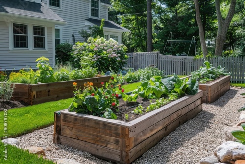 Close up of vegetable garden with raised beds and beautiful flowers in backyard