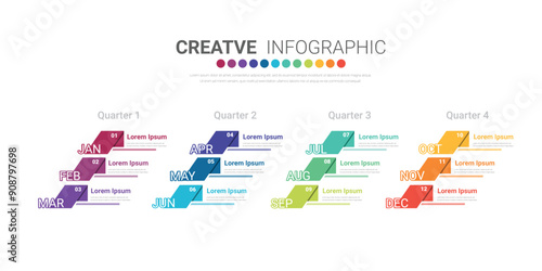 Infographic quarterly template for presentation 12 months in 4 quarter can be used for workflow layout, process diagram, flow chart.