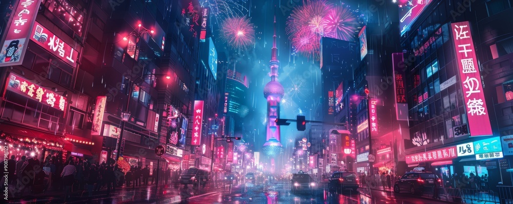 Fototapeta premium Futuristic New Year's Eve cityscape with fireworks and vibrant neon lights