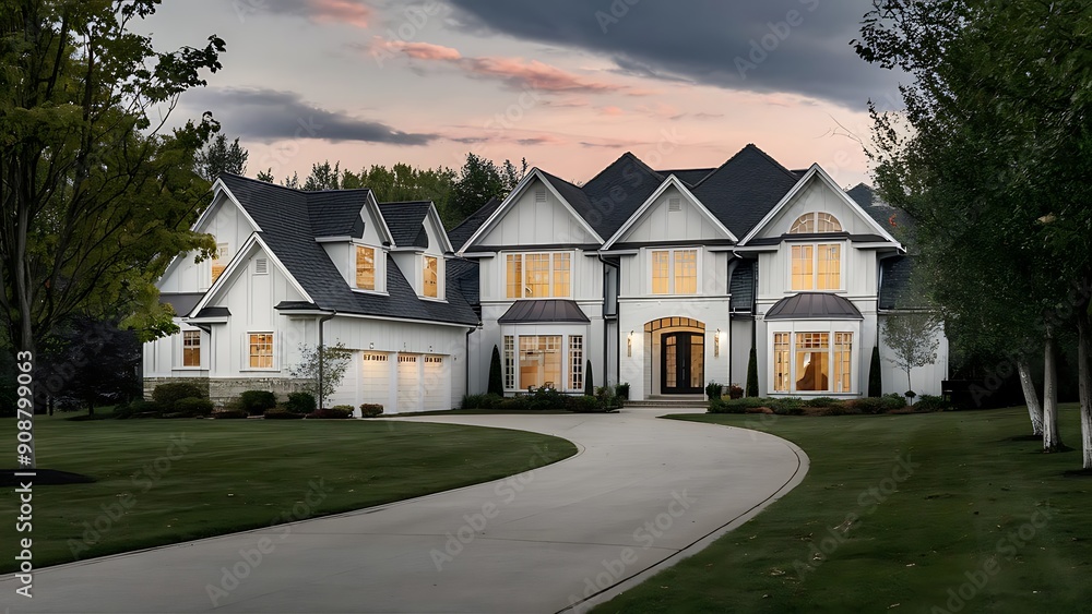 Stunning Modern Home Exterior at Dusk with Vibrant Sky Stunning Modern Home Exterior at Dusk with Vibrant Sky