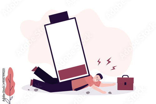 Need for rest. Office worker lying under empty battery, employee with low battery symbolizing tiredness, fatigue. Recharge. Work overload. Concept of business, depression