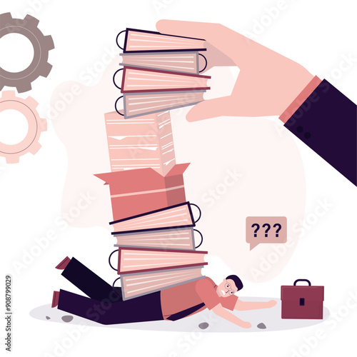 Businessman lies crushed under heavy folders and pile of papers. Paperwork, overload, mental burden. Boss or superior gives lot of paperwork to office manager, overworked.