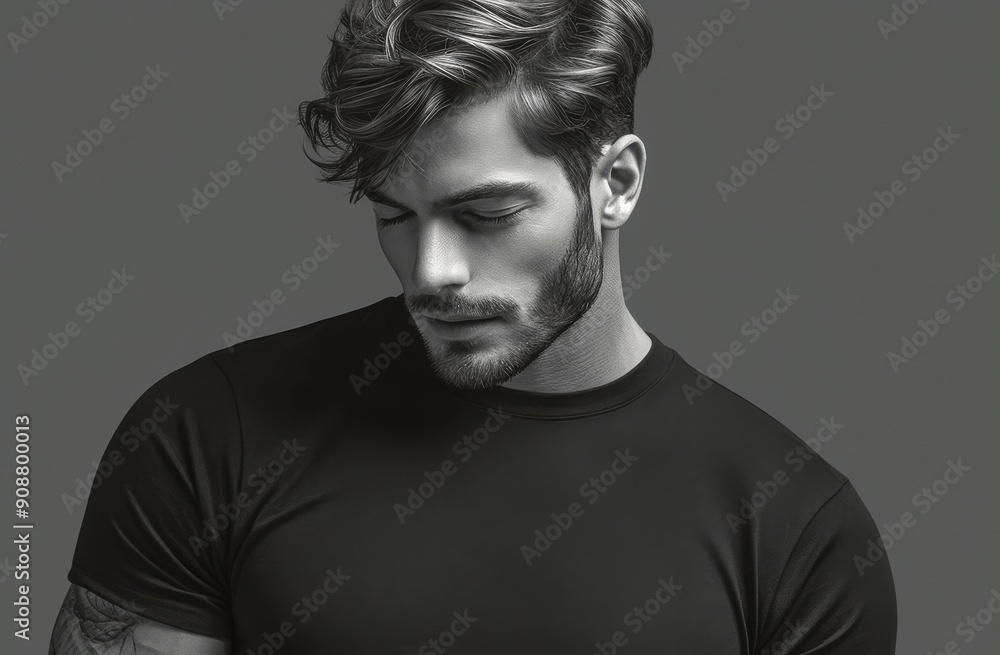 Black and white photo of a handsome man in a black t-shirt, solid background, Black and white photo of a handsome man in a black t-shirt, solid background,