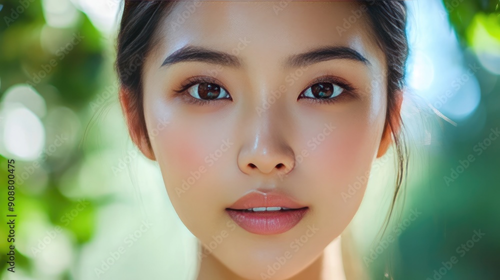 Close-up of a young Asian woman with clear skin, looking into the camera